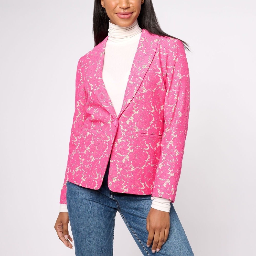 Susan Graver Occasions Lace Fusion Notch Collar Blazer Pink Ritz Petite 18W